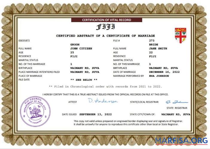 Blank Fiji marriage certificate Word and PDF template